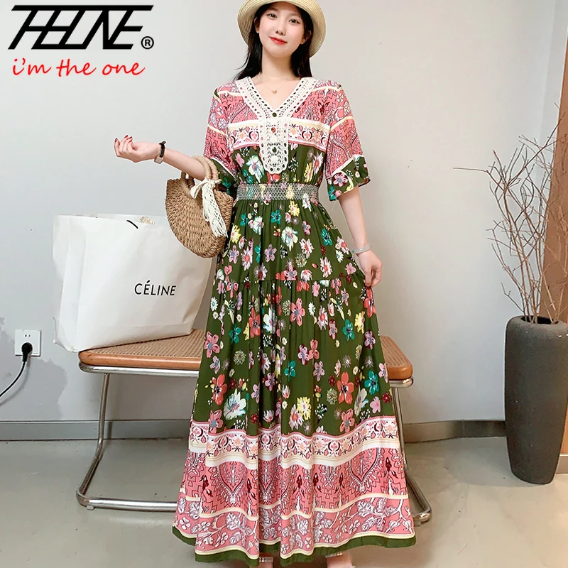 Robe longue florale style bohème pour femmes, vêtements d'été indiens, boho, mode coréenne vintage, robes de plage décontractées