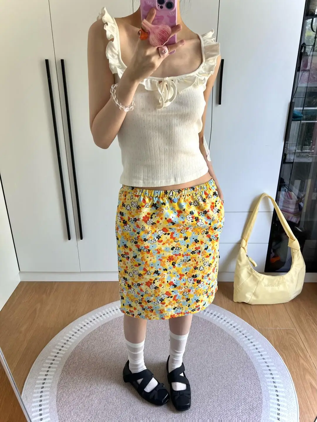 

Cute Yellow Flower Print Knee Length A-Line Skirt Women Summer Elastic Waistband Kawaii Pretty Skirts for women japanese clothes