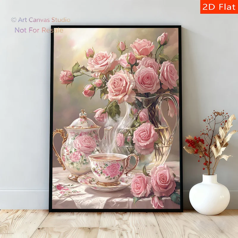 2D Flat, 2D Flat, [2D Flat] Posters And Prints Retro Floral Canvas Art Prints, Featuring Pink Roses, Teapots, And Glass Vases