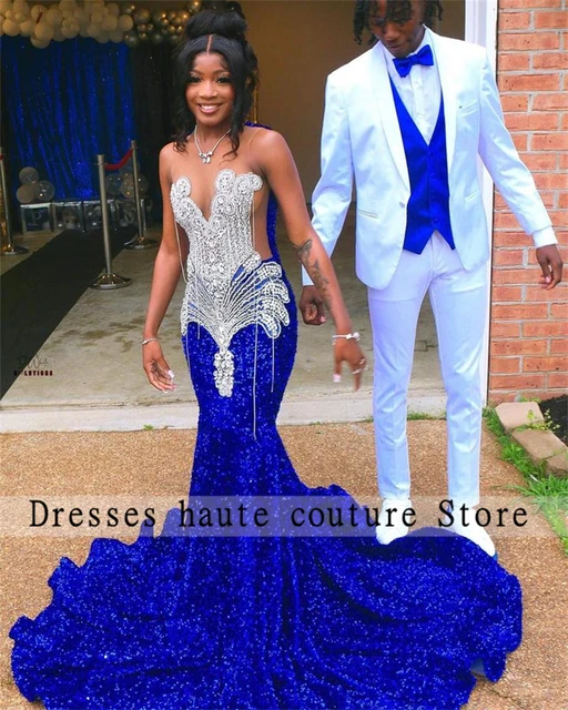 Elegant Royal Blue Mermaid Prom Dresses 2024 For Black Girls Luxury Rhinestones Crystal Party Gown Sheer Neck Evening Dress