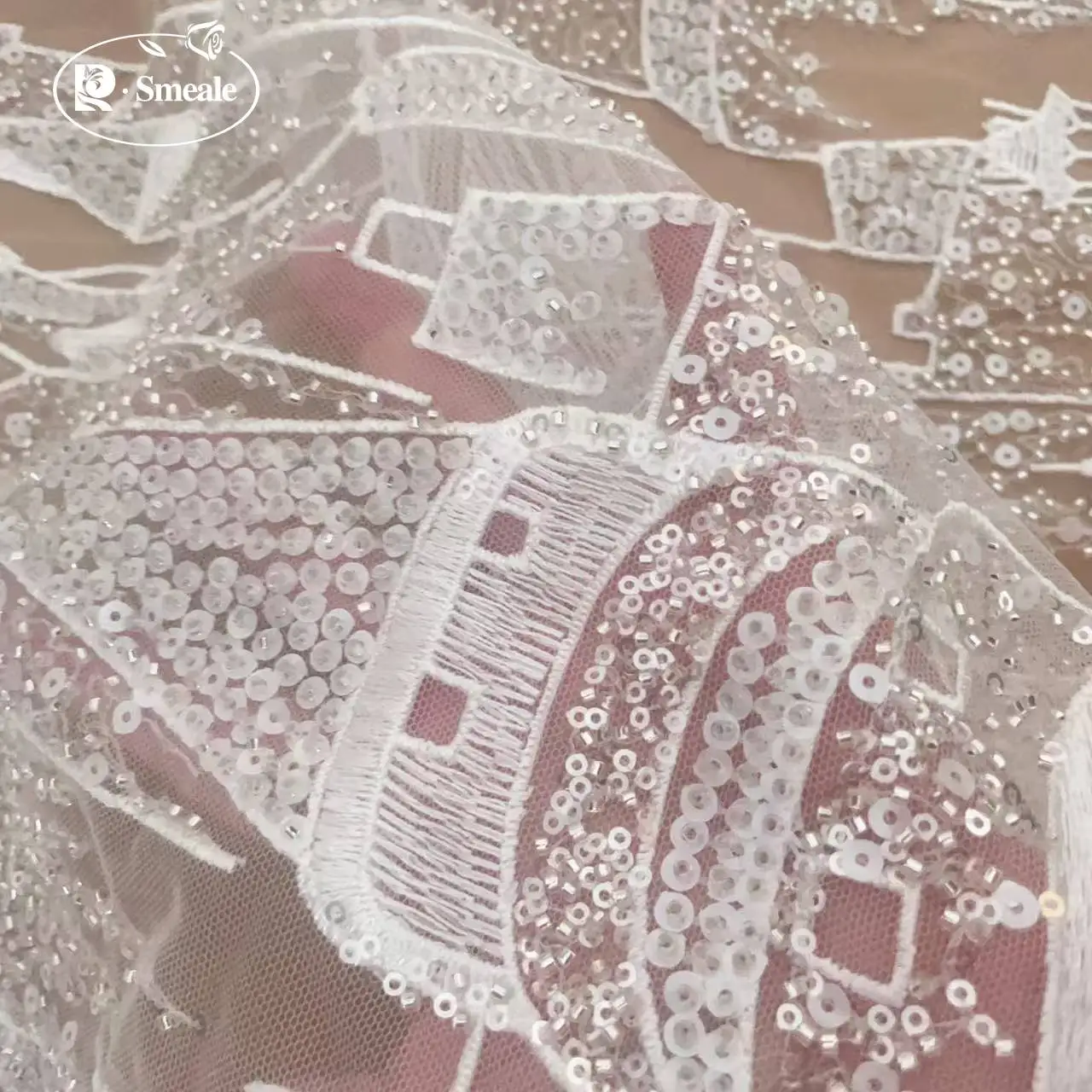 2 Designs Prinzessinnenschloss-Stern- und Mond-Spitzenstoff, Perlenbesetzter Brautstoff für Hochzeiten – Detail 6