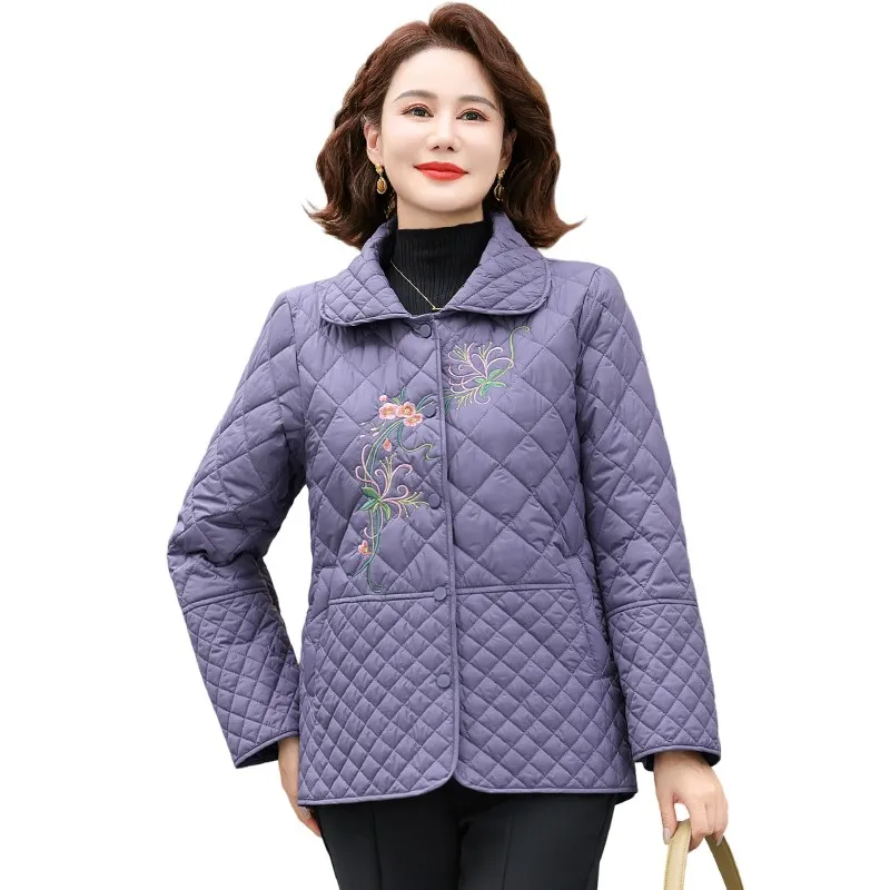 

Autumn Winter Parkas Women Embroidery Jacket Fashion Middle-Aged Mother Thin Down Cotton Coat Female Warm Outwear