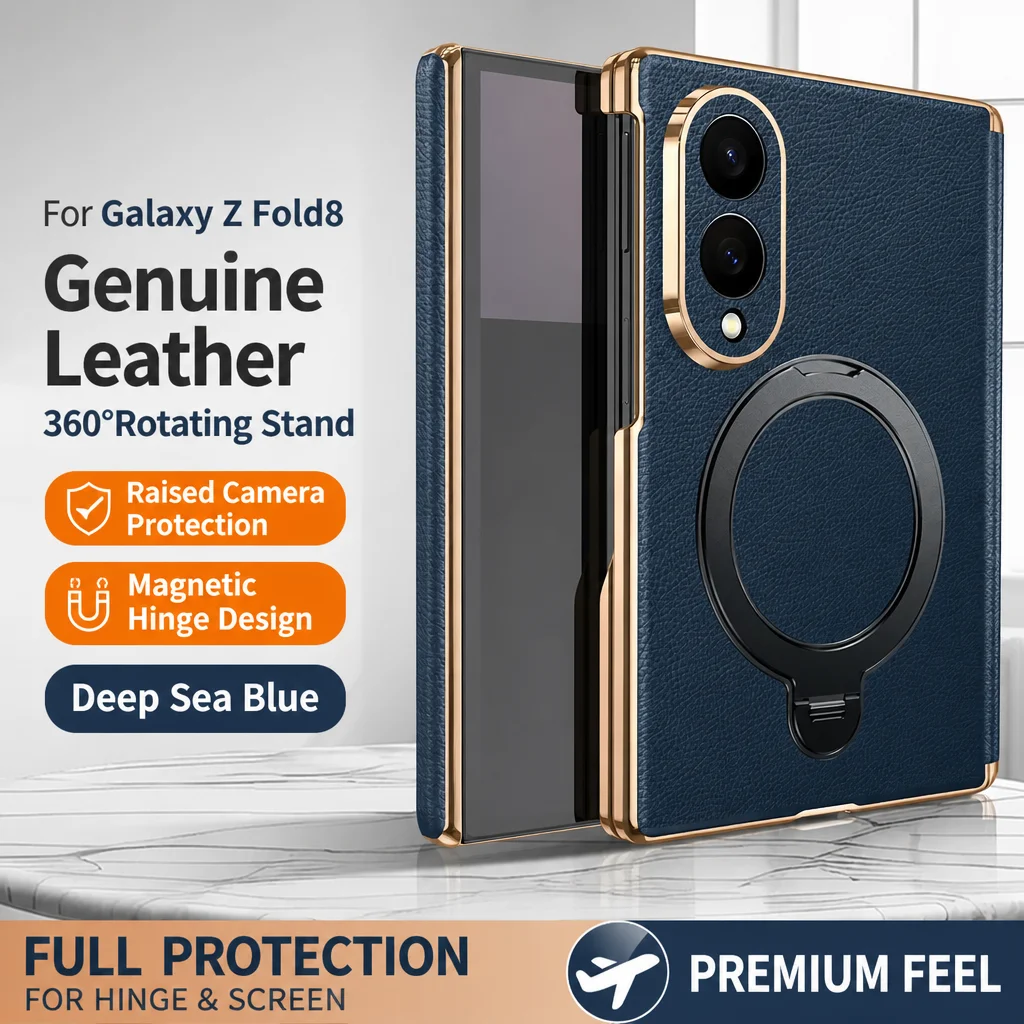 Luxury Genuine Leather Hinge Case For Samsung Galaxy Z Fold8 Fold 8 Wide Ultra Cowhide Rotation Bracket Protection Phone Cover