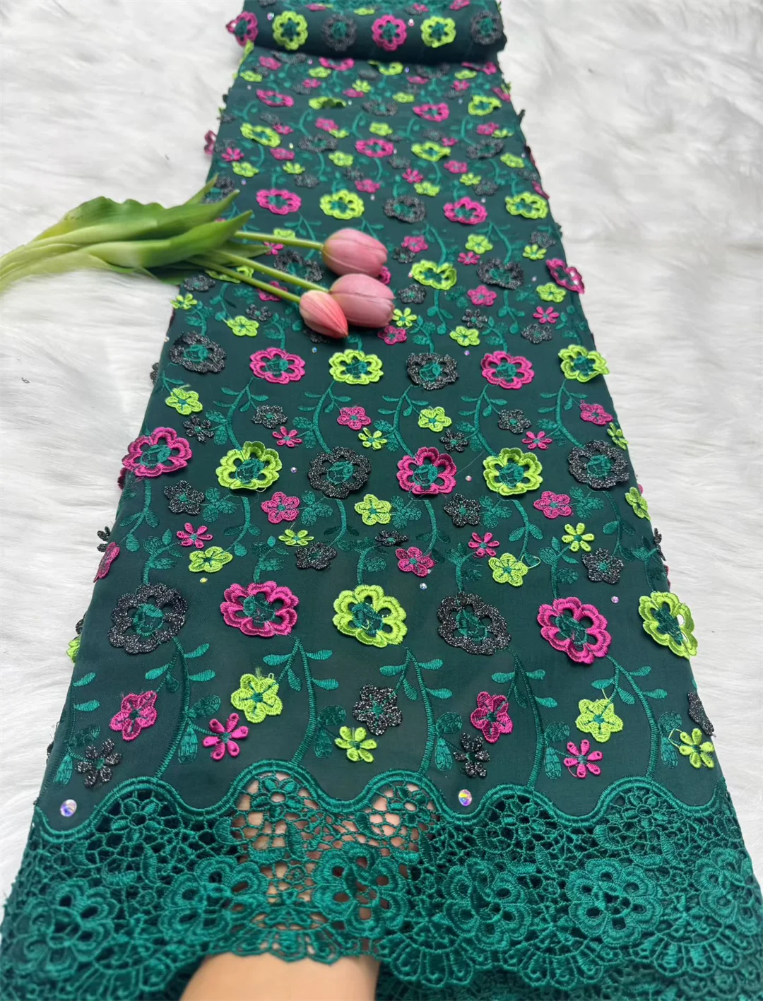 قماش دانتيل فوال سويسري نيجيري مع زينة زهور ثلاثية الأبعاد وأحجار فستان زفاف أفريقي عالي الجودة دانتيل 2026 #6