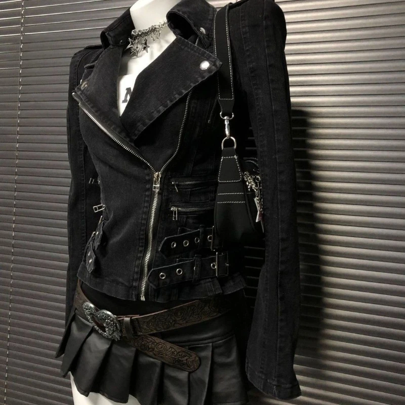 แจ็คเก็ตยีนส์สีพื้นเรียบหรูสไตล์ดาร์กโกธิคยุค 2000 แนววินเทจอเมริกันลำลองสไตล์ใหม่จากไฮสตรีท เสื้อคลุมสไตล์ซับคัลเจอร์