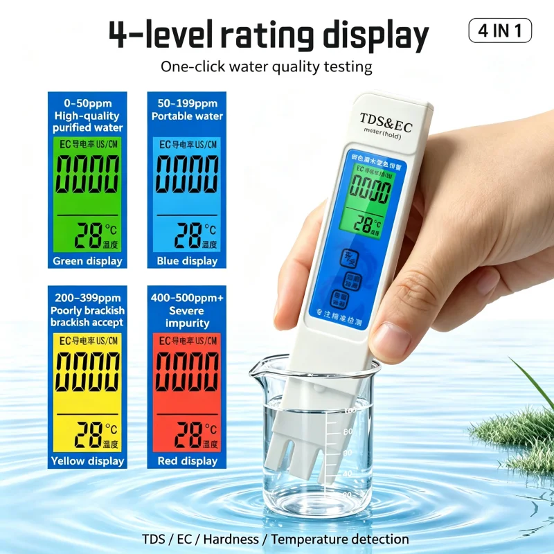 4-in-1 Water TDS Meter EC Conductivity Tester with Temperature Monitor Portable TDS Pen for Testing Drinking Water Quality And P