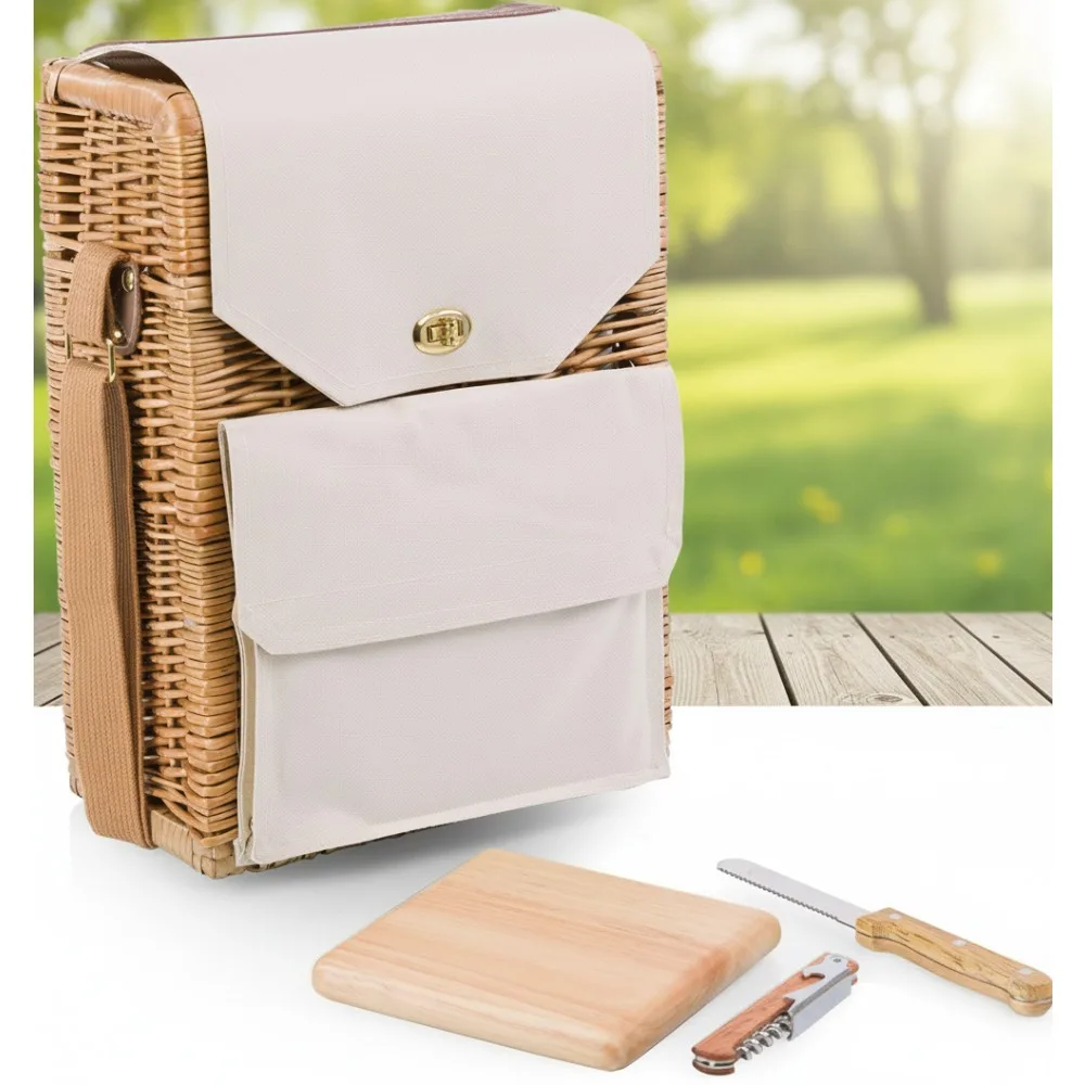 

Luxury 2 Bottle Insulated Picnic Basket Set with Cutting Board & Cheese Knife, Romantic Wine Picnic Kit for Couples Wedding Gift