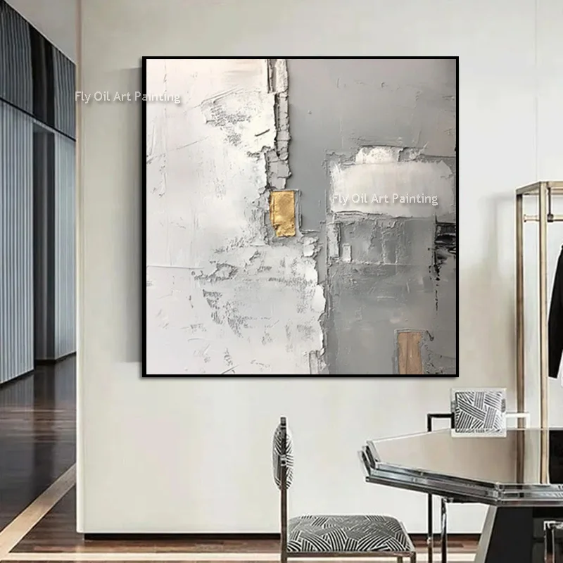 Grey White Abstract Simplism Style Wall Art Items Original Specail Design Handpainted Green Black Texture Thick Oil Painting For