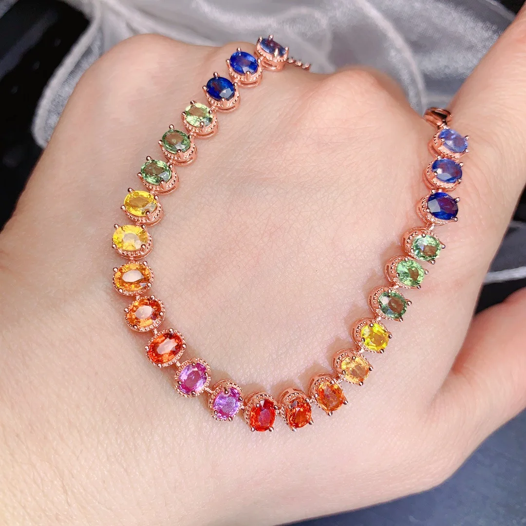 S925 Sterling Silver Natural Multi‑Color Sapphire Bracelet,4*5mm Rainbow Gemstone, Rose‑Gold Plated Jewelry Gift for Women