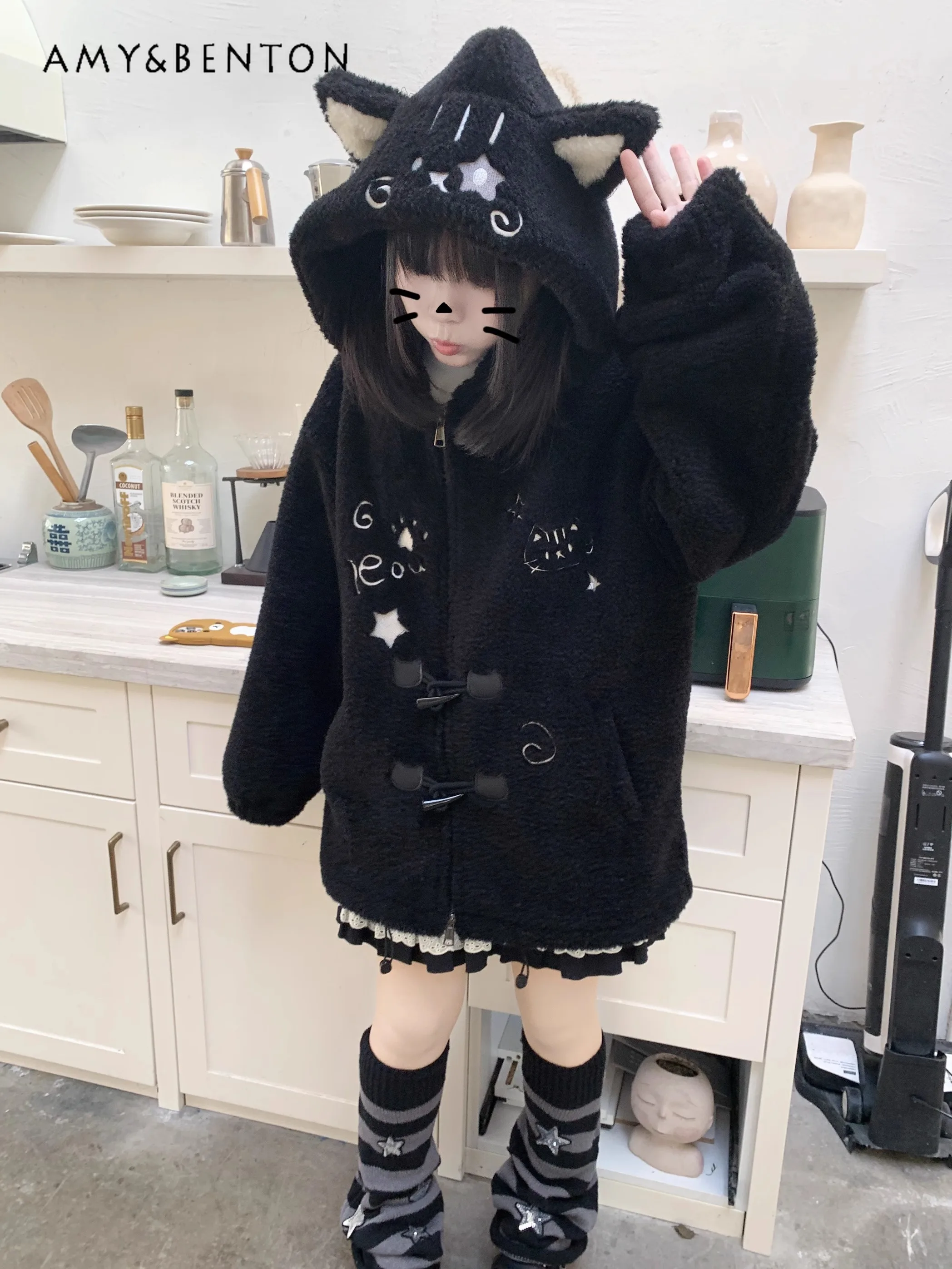 Original Cute Embroidery Cat Ears Plush Hooded Lamb Wool Coat Sweet Girl Oversized Warm Thickened Mid-length Jacket Winter New