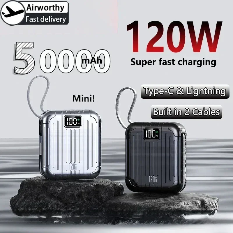 50000mAh Mini Compact Convenient PowerBank PD20W Super Fast Charging Built-in Cable High Capacity For IPhone13 14 15 andXiaomi