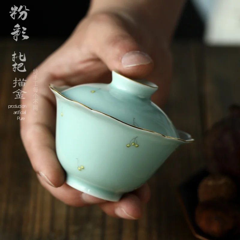 ★Jingdezhen Pink Color Loquat Turquoise Flower Sunflower Mouth Cover Teacup Color Glaze Hand Painted Ceramic Tea Bowl 120C