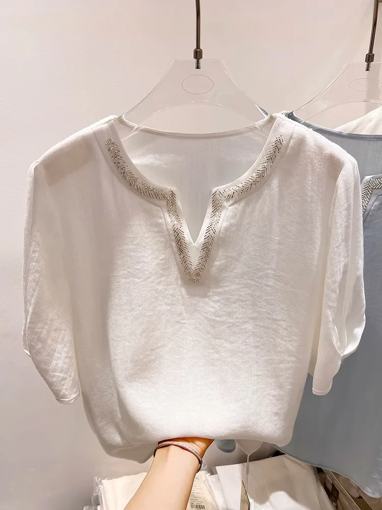 

V-Ne Cotton Linen ort Sve Women's Summer Top Korean Sle Casual Faion T-irt Open Split Diamond Embedded