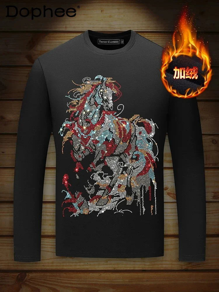 

Men's 2026 Autumn Winter Hot Diamond Horse Pattern Tees Fleece Thickened Long-sleeve T-shirt Men's Cotton Over Size Trendy Tops