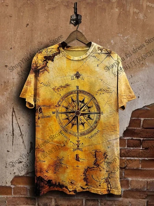 New Vintage Compass Sailboat 3D Print T-shirt Men Women Fashion Casual Oversized Short Sleeve Tops Tees Mens Clothing Camisas