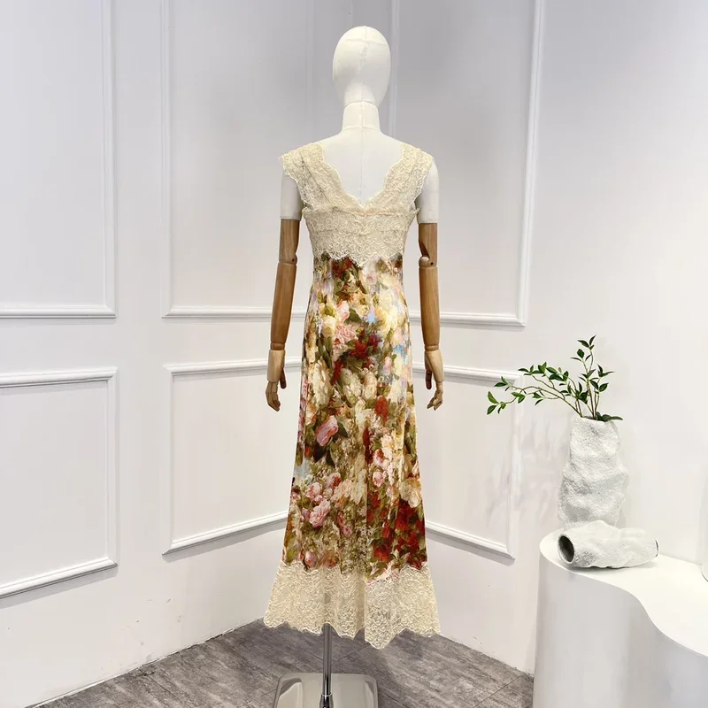 고품질 2025 섹시한 민소매 레이스 패치워크 미디 드레스