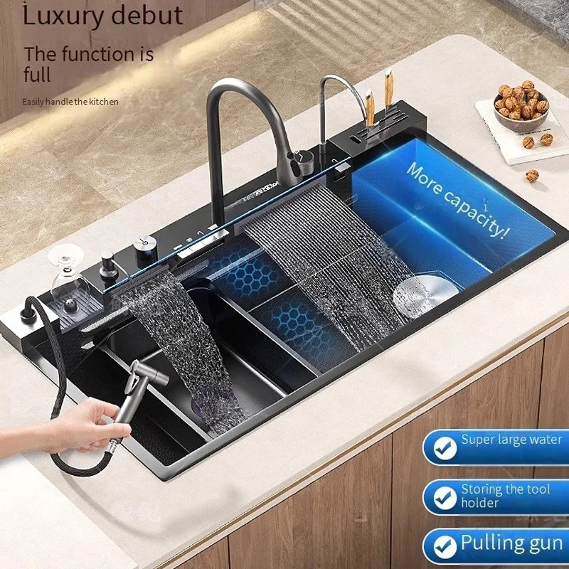 Nuevo y moderno fregadero de cocina inteligente de acero inoxidable negro, fregadero individual grande multifuncional con grifo de cascada para cocina de hotel