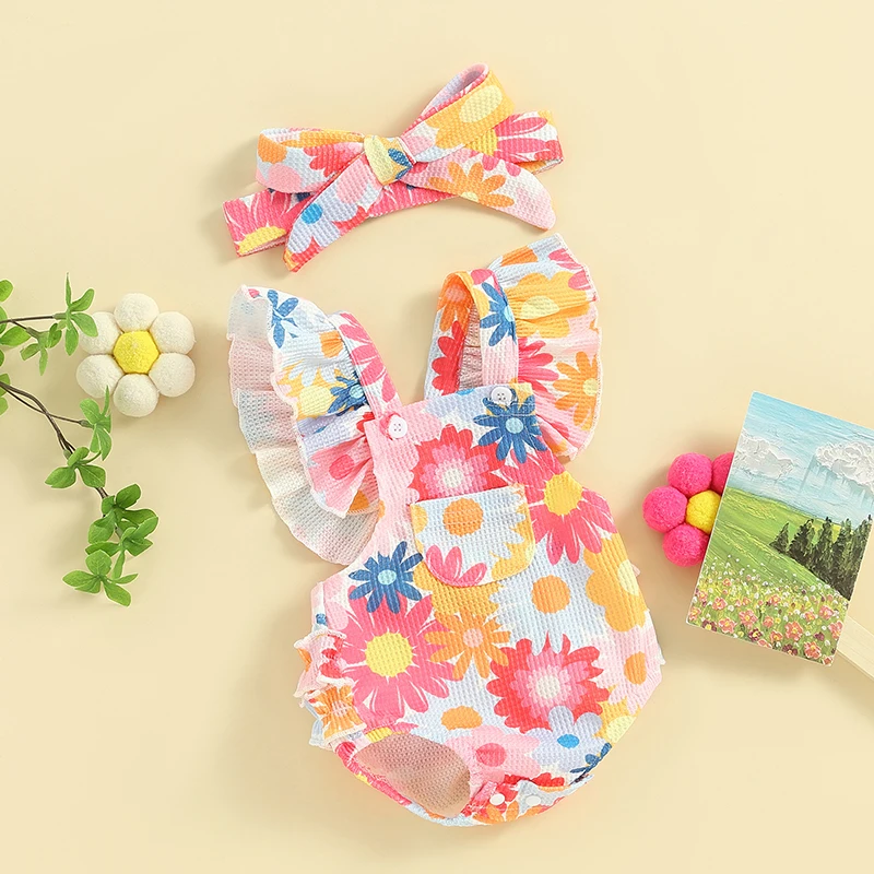 Newborn Baby Girl Clothes Ruffle Sleeveless Floral Bubble Romper  3 6 12 18 Month Girl Clothes Summer