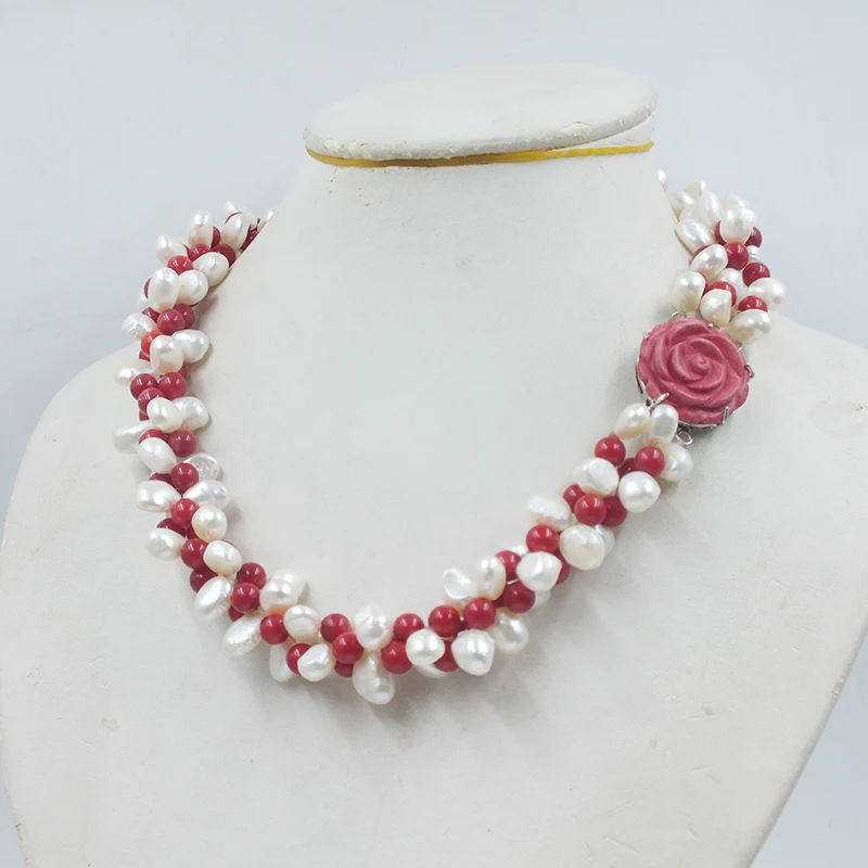 

8MM natural white baroque pearl/natural red coral necklace. Luxury women's wedding jewelry 20”