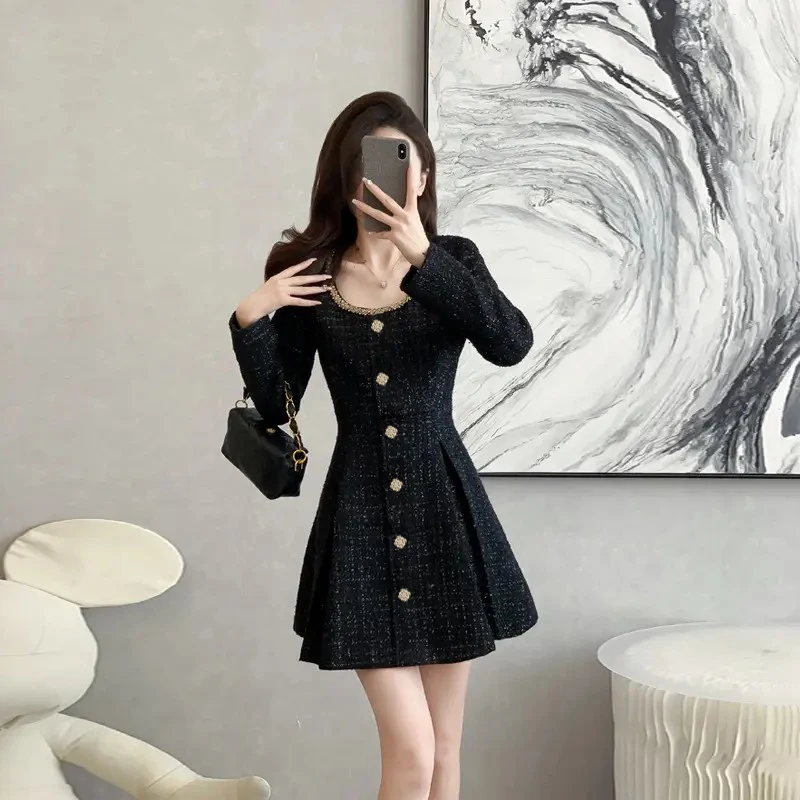Lady Autumn and Winter New Women Tweed Rhinestones Button Black Solid A-line Dress Women Chain Trim Elegant Party Cocktail Dress