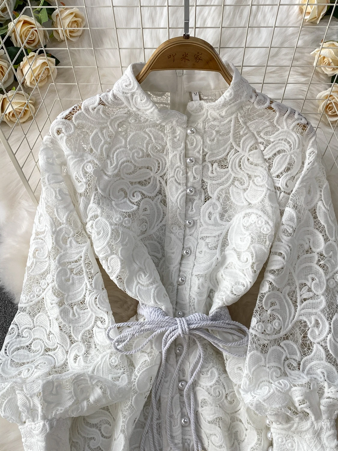 Embroidered Formal Luxury Lace Evening Dress Women Stand Collar Single-Breasted Pearl Lantern Long Sleeve Prom Party Dresses