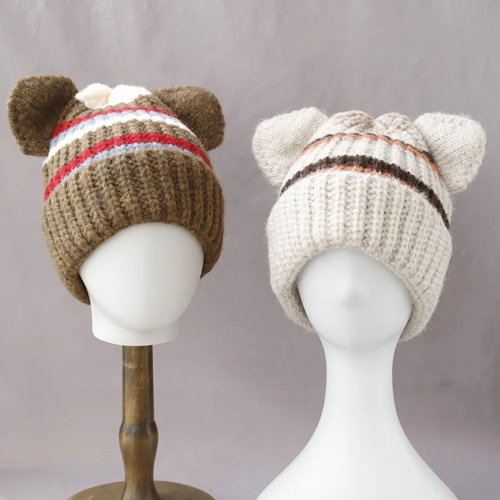 

2025 new Simple Girl wool cute ear Beanie Hat for Women Winter Skullies Warm wool Panama fashion Gorros Female Bomber Cap
