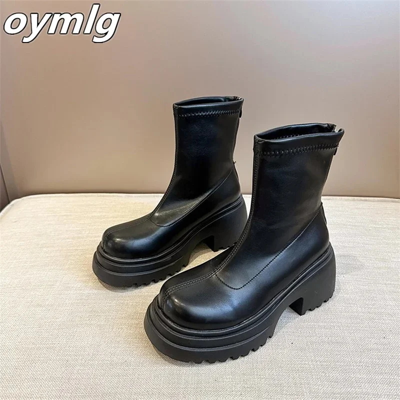 Round toe back zipper thick sole slimming short boots for women\'s winter new high thick heel short tube sponge elastic boots