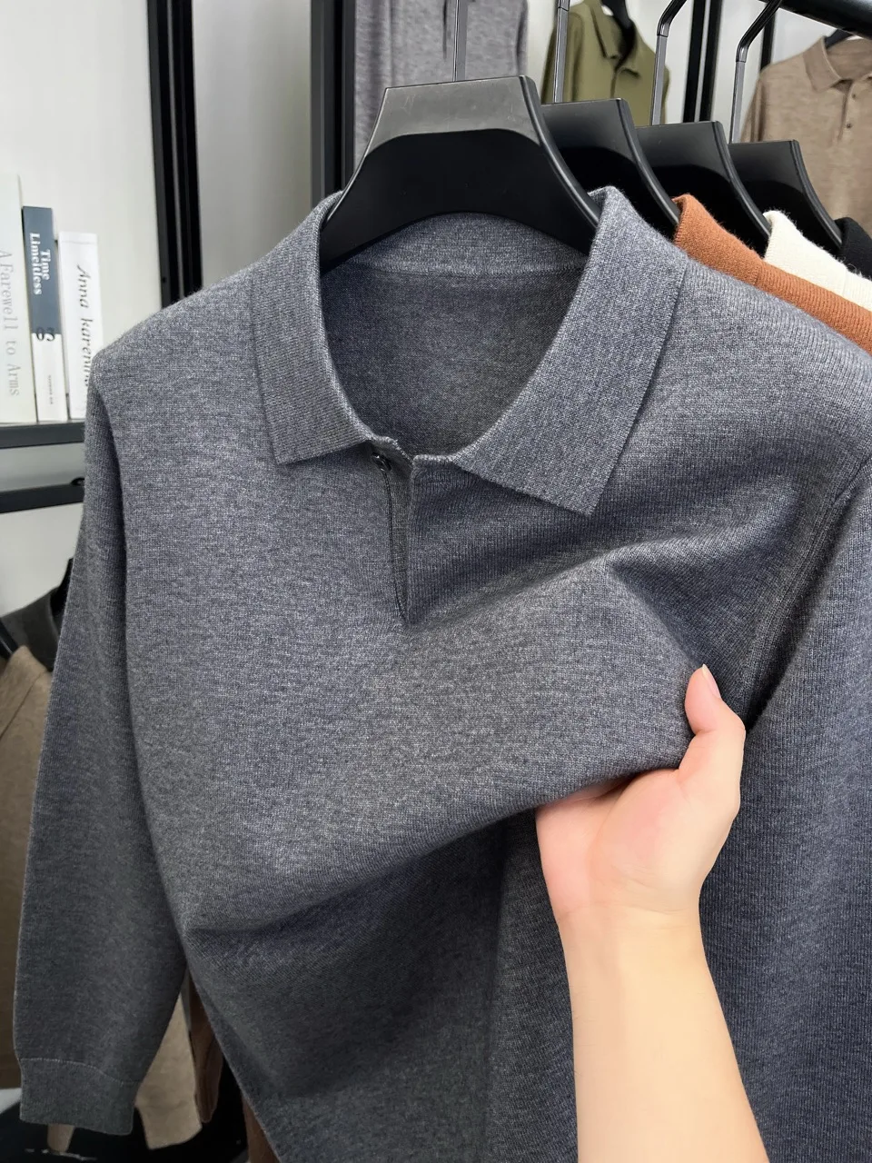 Herren Wollmischung Polo-Pullover Schwergewichtiger Warmer Strickpullover Anti-Pilling Weicher Griff Langarm-Pullover Herbst Winter – Detail 12