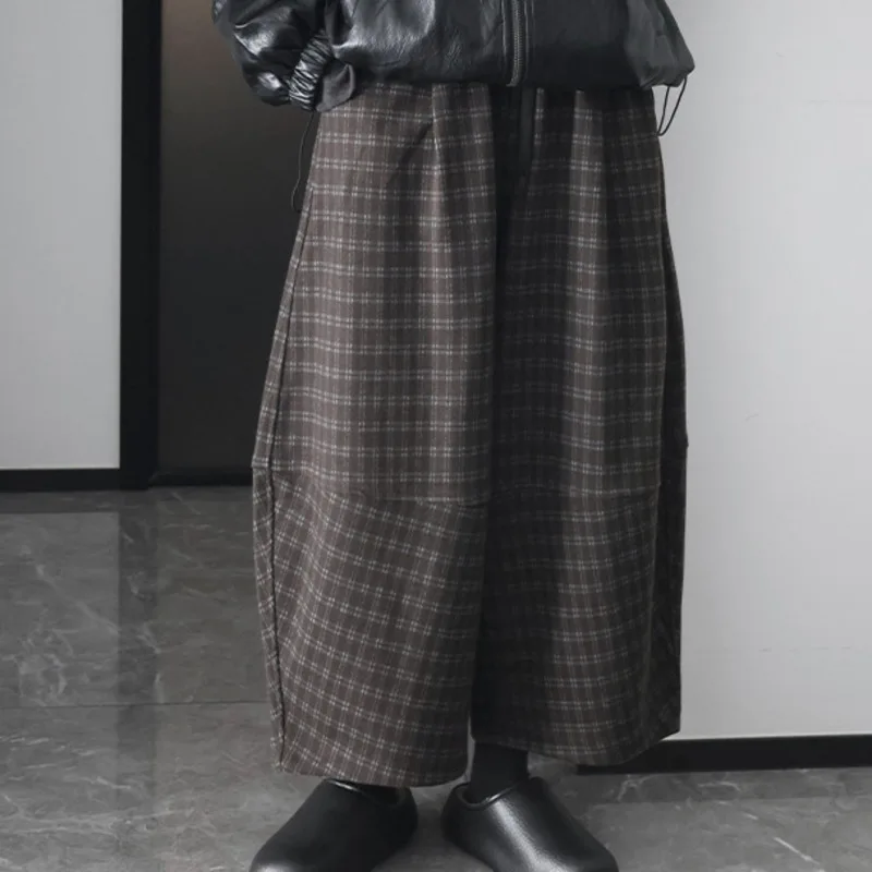 HKSH automne hiver nouveau femmes décontracté jambe large lanterne pantalon épaissir laine Plaid cordon taille élastique drapé Chic HK15691