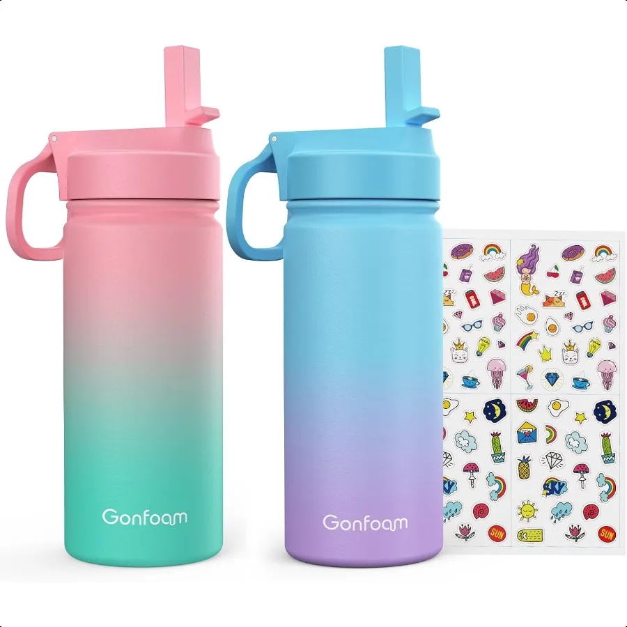 

Water Bottle 2Pack 16oz Water Bottle with Stickers for School insulated Stainl Steel Straw Cup Pink+Blue