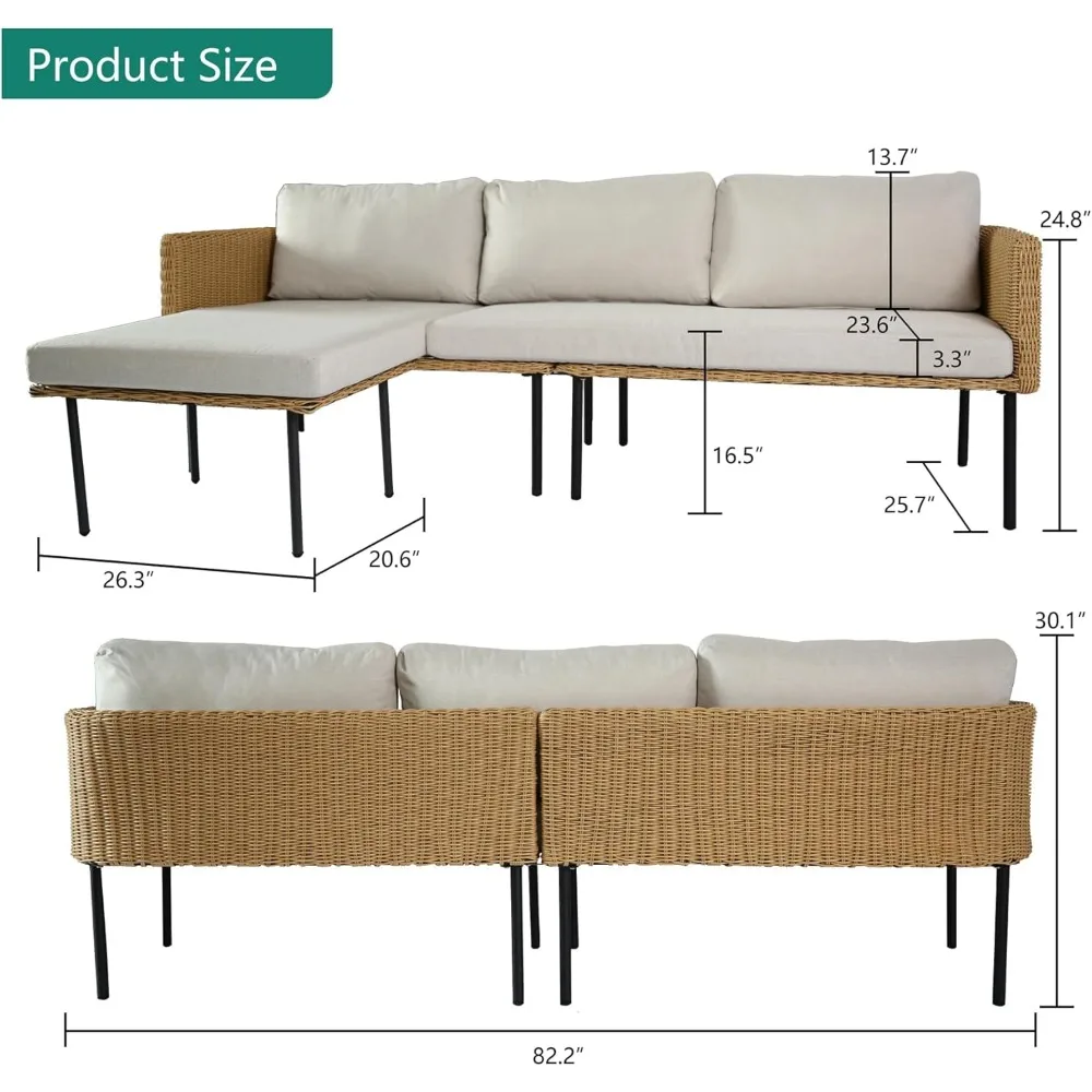 طقم أثاث للفناء مكون من 3 قطع، أريكة مقطعية خارجية على شكل حرف L مع وسائد سميكة، مجموعة محادثة من الروطان لجميع الأحوال الجوية