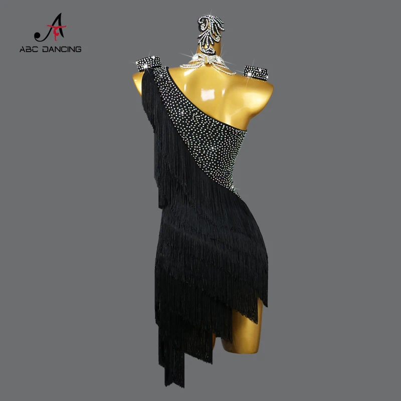 Vestido com franja de dança latina para senhoras, vestido sexy de competição, traje de salão, prática, saia curta, festa adulta, terno de noite, preto, 2024