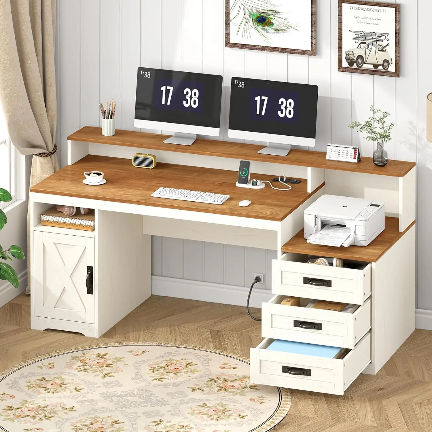 

Farmhouse Computer Desk with Drawers Power Outlets Storage Cabinet Printer Stand Monitor Stand 65in Brown White, Customized
