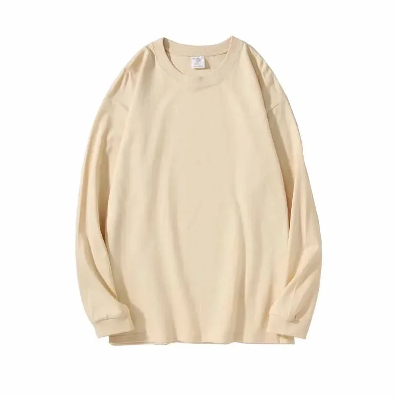 260 Grams Long Sleeved Pure Cotton T Shirt Autumn and Winter Solid O-Neck Tees Couple Loose Casual Top