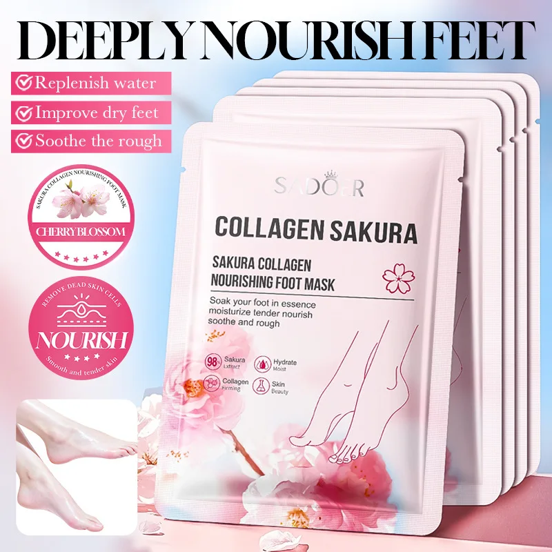 5 pares de mascarillas nutritivas para pies SADOER Collagen Sakura, hidratan, exfolian y nutren la piel de los pies, para una piel suave y tersa.
