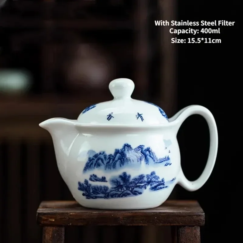 Jingdezhen-Ceramic Teapot with Stainless Steel Filter, Large Capacity Household Pot, Blue and White Porcelain Teaware, 400ml