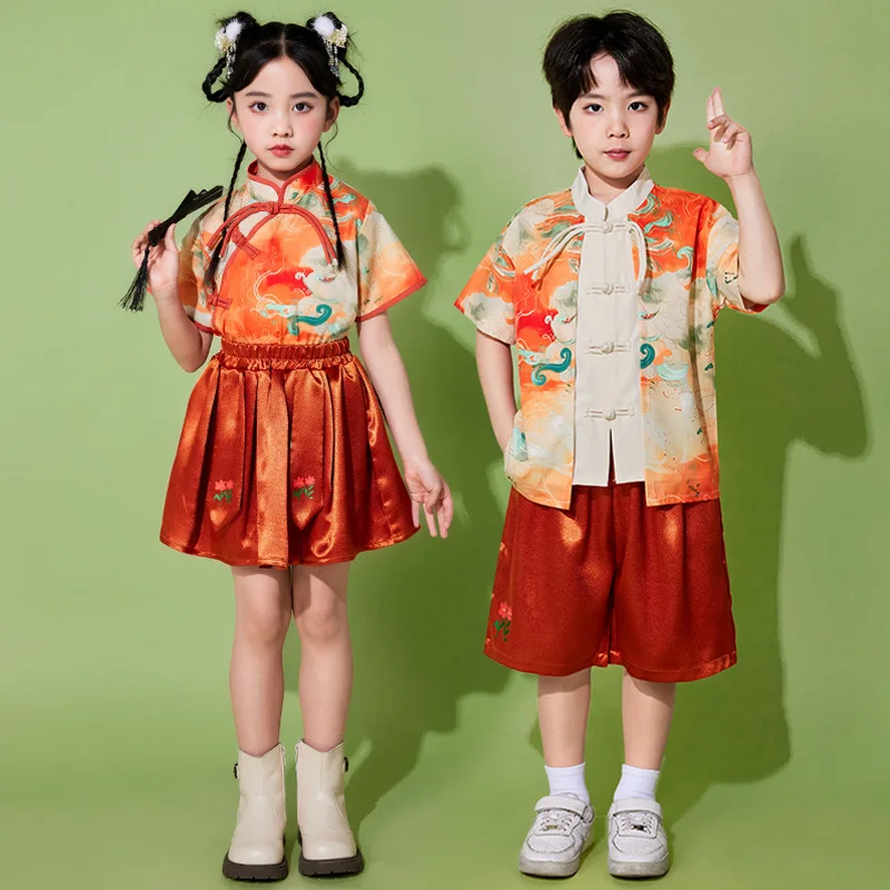 Kids China Dress Of The Tang Dynasty Chinese Traditional Colorful Clouds Print Tops Costume Pants For Children Boy Girl Clothing