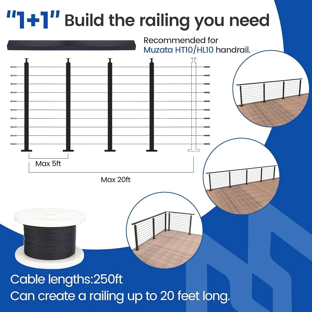 15-20ft Modular Cable Railing Kit 36in Stainless Steel Post Kit Complete Set Easy Install Adjustable Durable Rail System