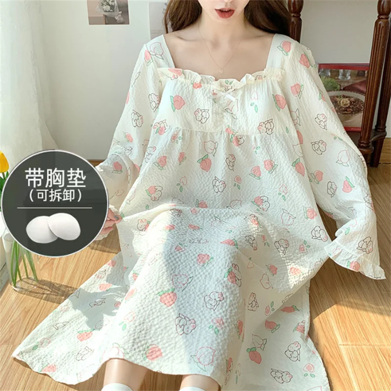 Chest Pad Nightdress Women Long Sleeve Nightwear Dress Sweet Ladie\'s Autumn Nightgowns Large Size Casual Home Clothes M-4XL