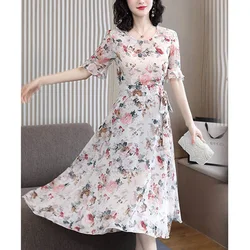 Fashion O-Neck Printed Loose Ruffles Bandage Bow Floral Dress Women's Clothing Summer New Oversized Office Lady Midi Dress