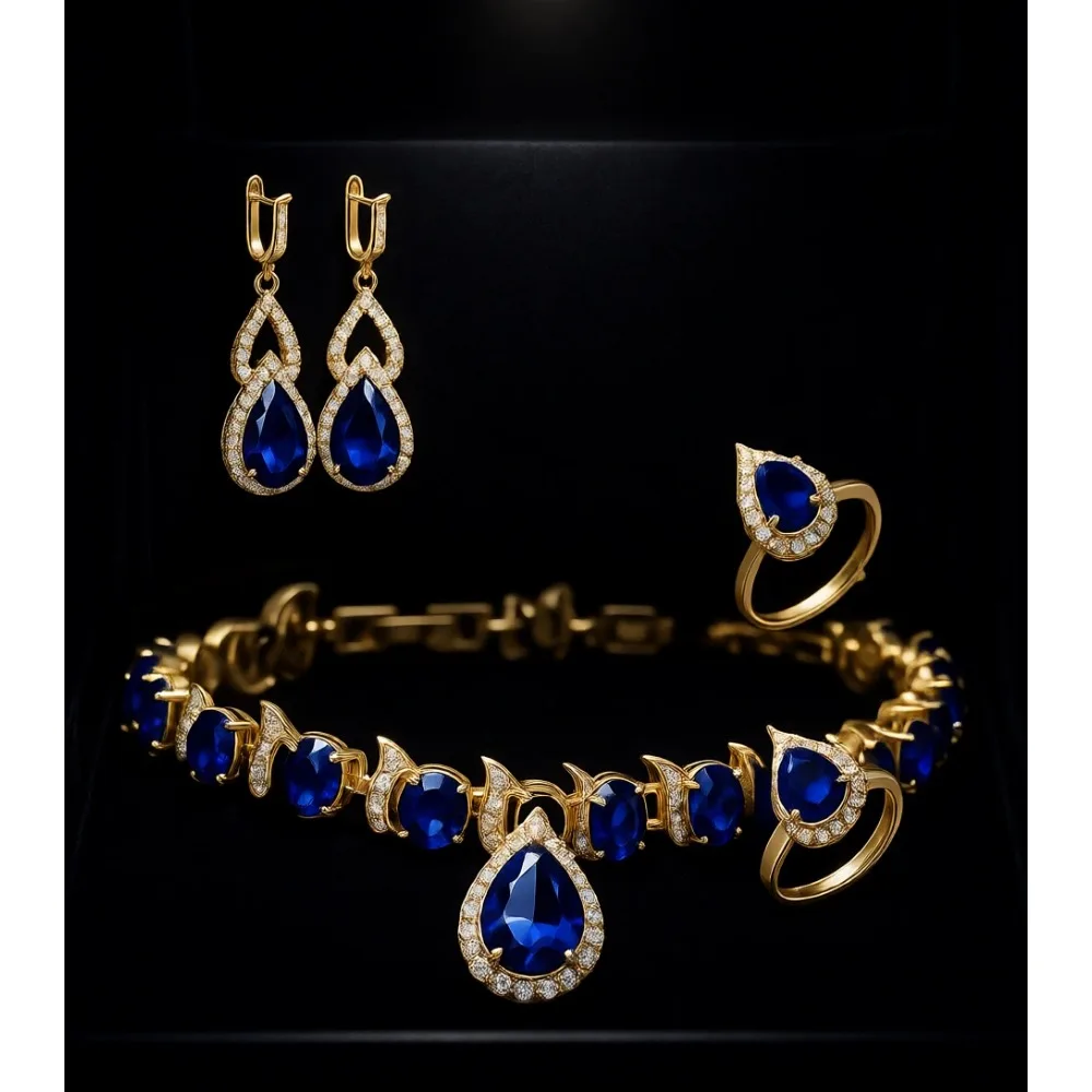 

Свадебный ювелирный набор для женщин: колье, серьги, браслет и регулируемое кольцо с кубическим цирконием в форме капли. Подарок.