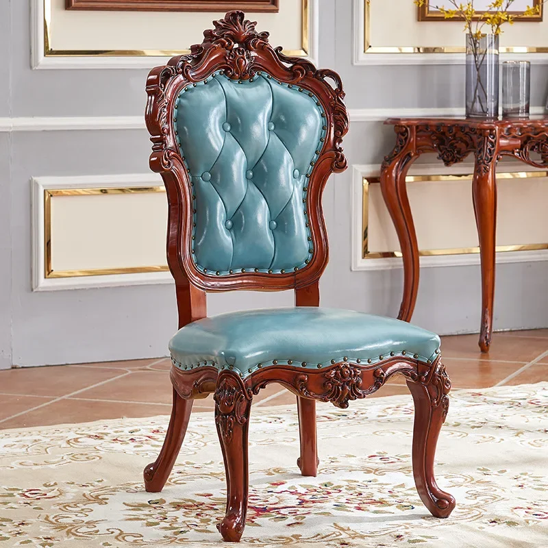 LJYSolid Wood Genuine Leather Carved Armrest Soft Cushion Rubber Wood Vintage Chair Hotel Leisure Meeting Study Dining Chair
