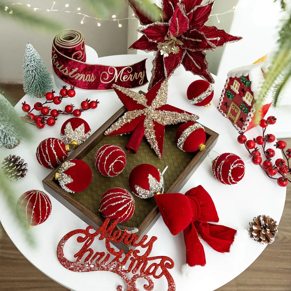 Рождественская елка Красные украшения Флокированная рождественская елка Верхняя звезда Лук Цветок Бордовые рождественские шары с блестками Декор для новогодней вечеринки Рождественская елка Красные украшения Флокированная рождественская елка Верхняя звезда Лук Цветок Бордовые рождественские шары с блестками Декор для новогодней вечеринки