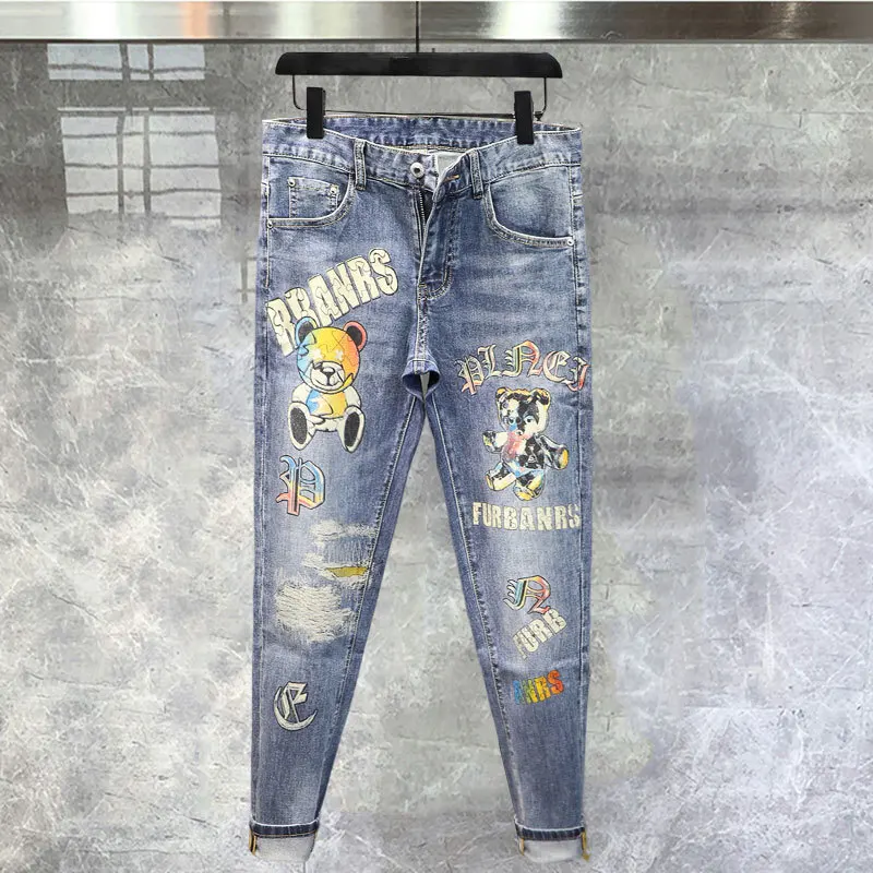 

2023 Summer Europe Station Korean Pants Skinny Jeans Men Blue Jeans Personalized Bear Print High Quality Men Jeans Hombre