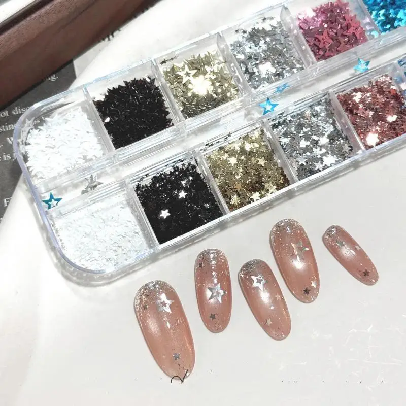 12Grids Star Sequin Five-pointed Star Colorful Nail Art Charm Sparkle 3D Nail Rivet Nail Decor DIY Manicure Accessories