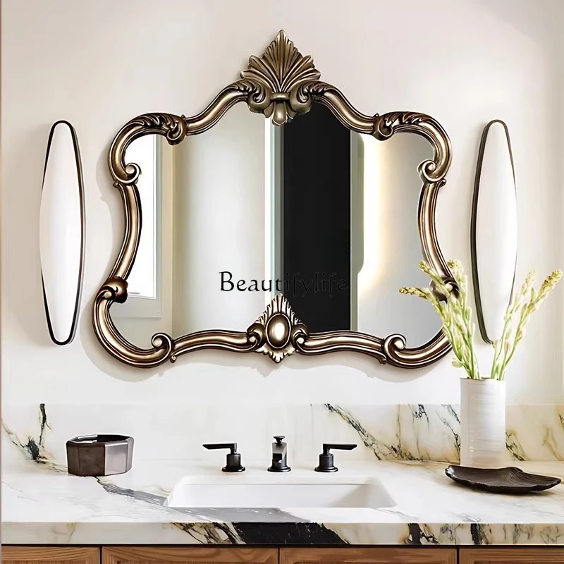 

*European retro bathroom mirror wall hanging, European living room bedroom entrance carved decorative mirror