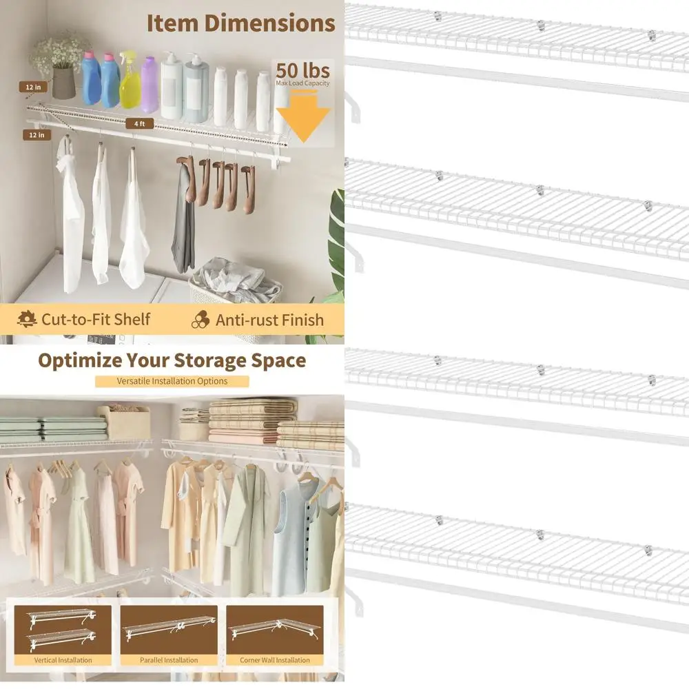 

Комплект из 2 белых настенных стеллажей длиной 4 фута с подвесным стержнем, металлический органайзер для хранения для домашней кладовой и белья