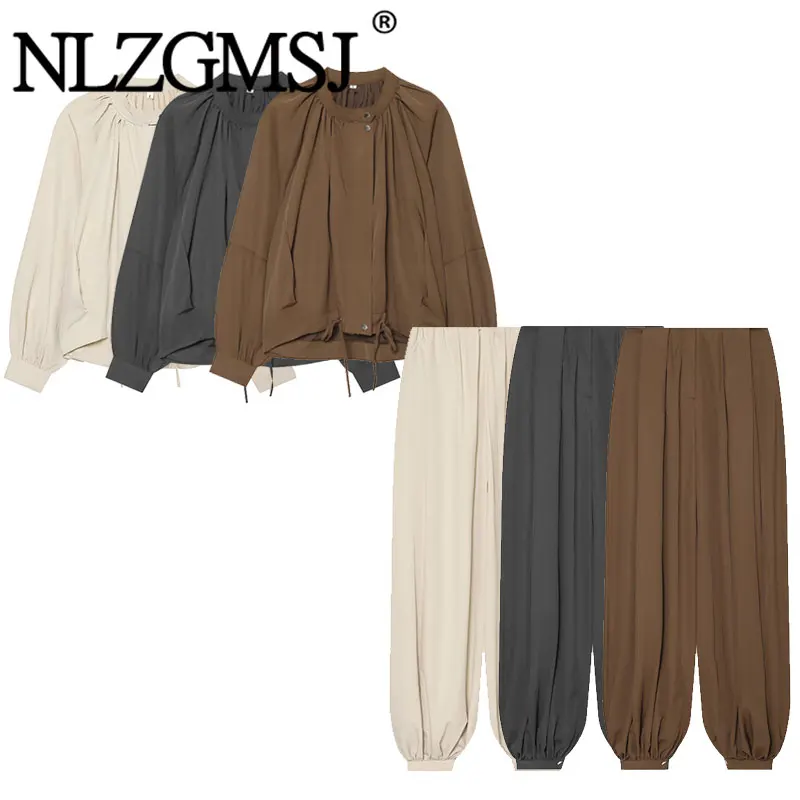 NLZGMSJ Vintage Casual Women Suit Solid O-Collar Zipper Top Lantern Loose Long Pants Fashion 2026 Autumn Sets