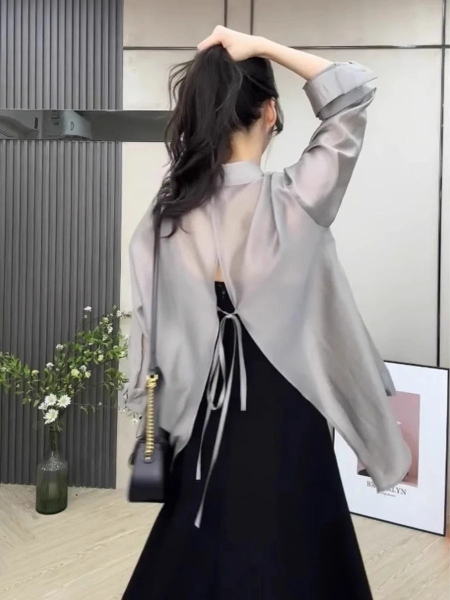 Ele Slit irt Women's Summer Faion Thin Top Outer Design Sensation Small Loose Sun Protection Clothing French Sle Lo...