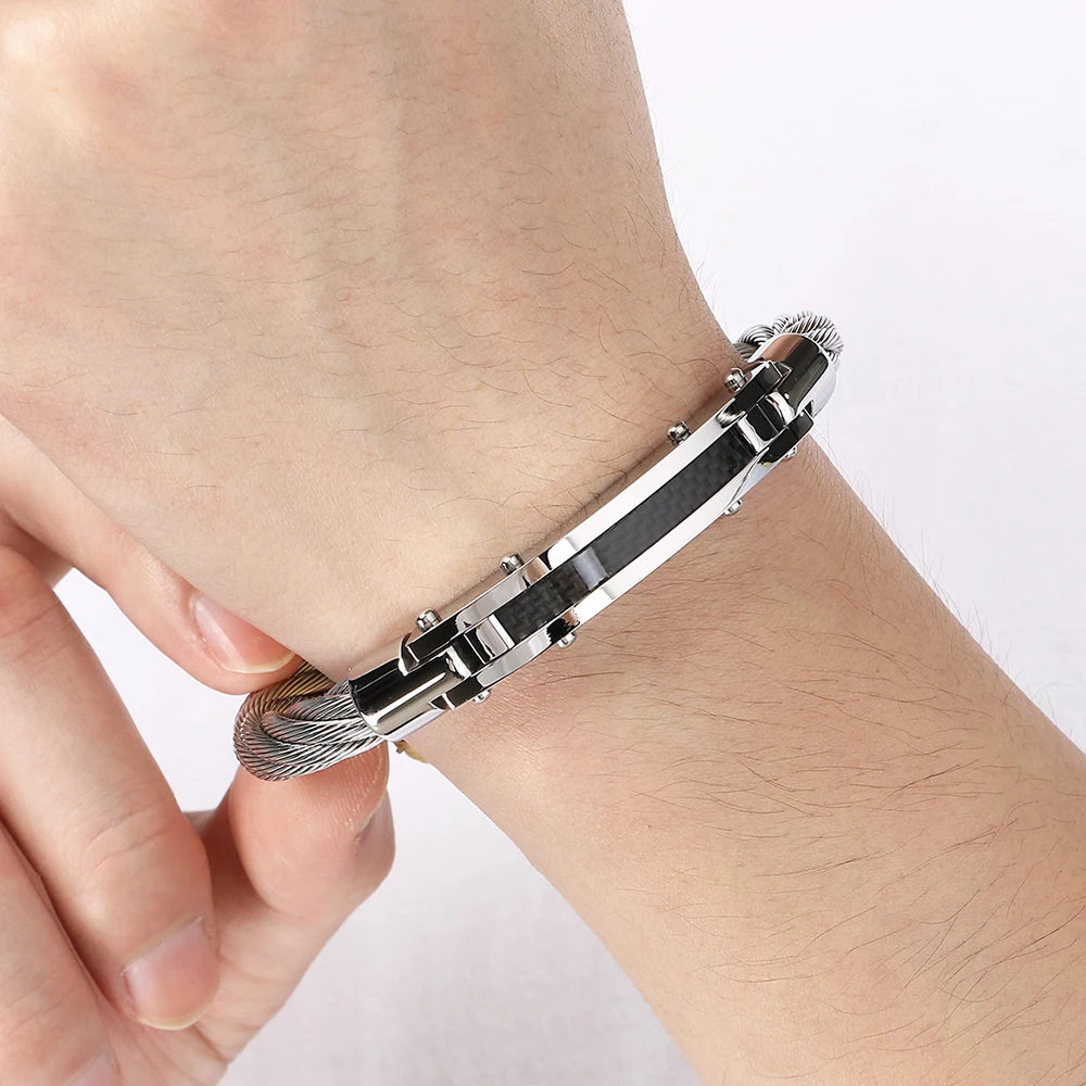 Men's Curved Carbon Fiber Wrap Bracelet for Man 8MM Width Braided Stainless Steel Wire Chain Wristwear Fashion Jewelry Gift Boys - Image 6